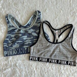 VTG Victorias Secret PINK Sports Bras Set Of 2 Camo & Heather Gray Racerback S/M
